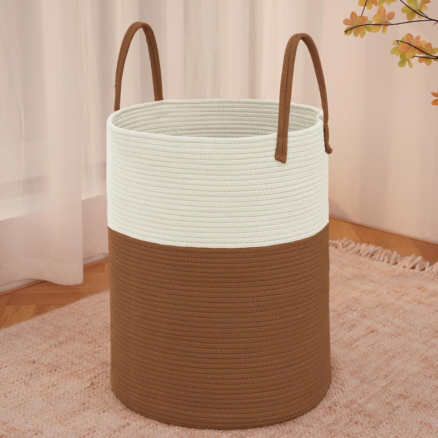 JMvicyroam Large Woven Laundry Basket Hamper,60L Cotton Rope Storage Bin for Blankets,Toys and Clothes,Decorative Tall Nursery Hamper for Living Room,Baby Nursery,Bathroom and Bedroom,Brown