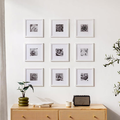 eletecpro 12x12 Picture Frames Set of 9 with Clear Acrylic Cover, Display 8x8 Photos with Mat or 12x12 Without, Classic and Sturdy Square Collage Gallery Wall Decor, Easy Wall Mount, Black