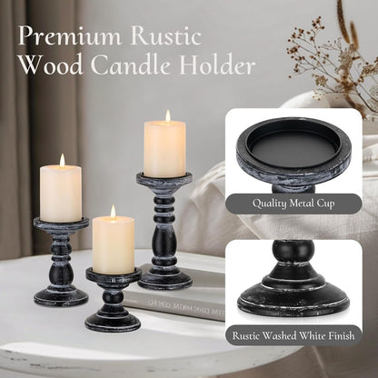 Wood Pillar Candle Holder: 3Pcs Rustic White Candle Holders for Pillar Candles Wood Candle Holders Distressed Wooden Farmhouse Candle Holder Large Rustic Candle Holder for Fireplace Table
