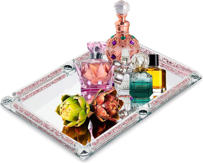 Crystal Glass Tray, Modern Mirror Jewelry Dresser Trinket Trays with Crushed Diamond, 11.8" x 7.9"Rectangular Makeup Perfume Tray for Bathroom Bedroom, Home Decor, Hotel Banquet, Party(Silver)