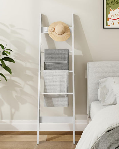 Hzuaneri Blanket Ladder for Living Room, Decorative Quilt Rack with 4 Removable Hooks, 5-Tier Farmhouse Ladder Holder Shelf Organizer for Bedroom, Rustic Brown and Black 02101BBR