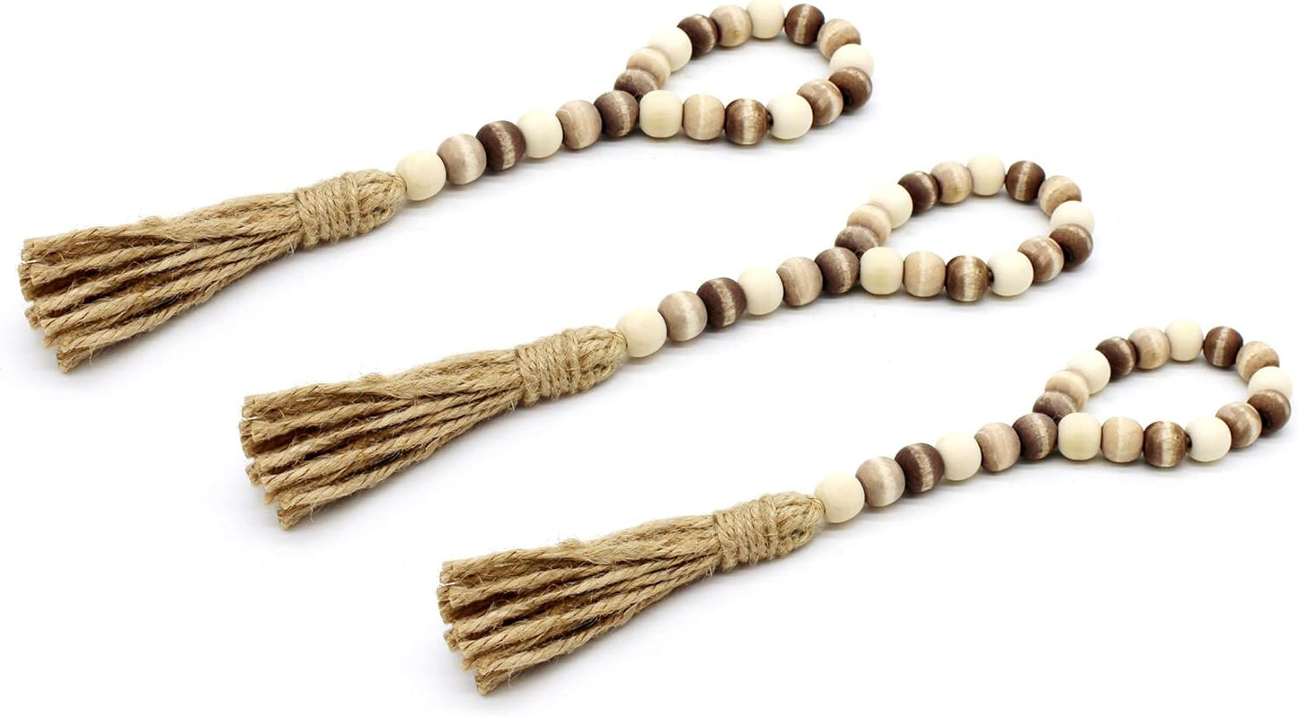 CVHOMEDECO. Wood Beads Garland with Tassels 3 PCS Farmhouse Rustic Wooden Prayer Bead String Wall Hanging Accent for Home Festival Decor. Natural