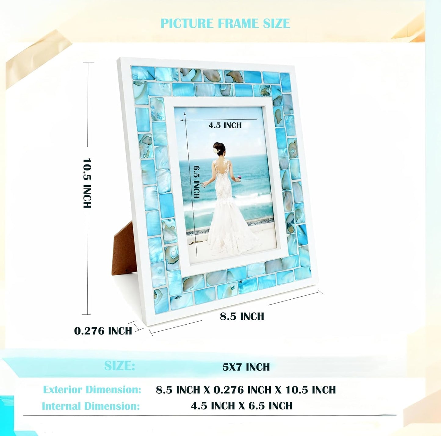 Silver Plate Picture Frame 5x7 Mother of Pearl 5 by 7 Photo Frame Mosaic Glass Tabletop Frame (Grey+ White,1pc)