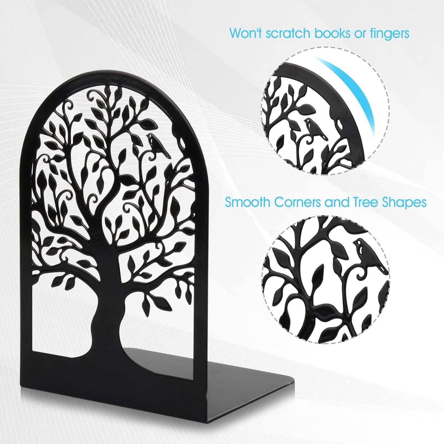 HappyHapi Book Ends, Metal Bookends for Shelves Decorative, Tree Stopper for Heavy Books, Black Ends to Hold Books for Home Office, 6.5 X 4.7 X 3.5 Inch(3 Pairs/6 Pcs, Large)
