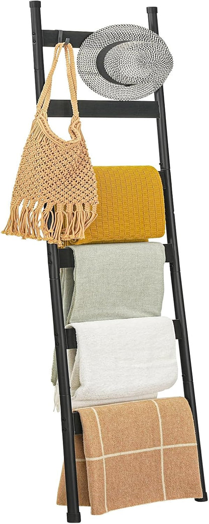 HOOBRO Blanket Ladder, 5-Tier Towel Rack with Hooks, Wall-Leaning Blanket Rack, Decorative Display Ladder Shelf, for Scarves, Industrial, Living Room, Bedroom, Rustic Brown and Black BF52CJ01