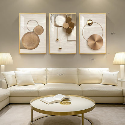 Framed Modern Luxury Gold Wall Art, Set of 3 Piece Contemporary Paintings Artwork for Walls, Golden Prints Pictures with Gold Frame, Wall Decor for Living Room, Hallway, Bedroom, Office 16x24 Inch