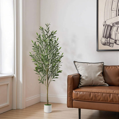Alupssuc 6FT Artificial Olive Trees, Faux Silk Plant with Lively Artificial Trunk and Lifelike Fruits, Indoor Fake Potted Tree with White Planter for Modern Home Office Living Room Decor