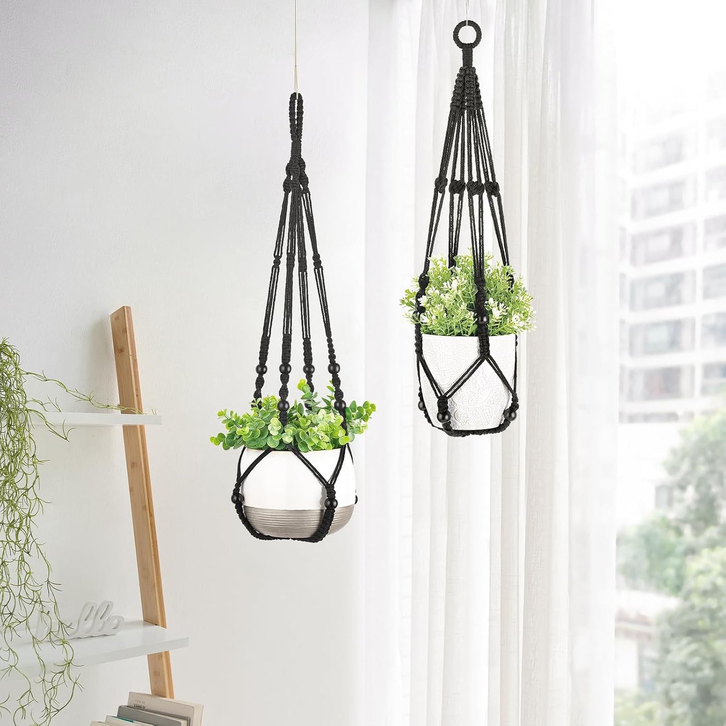 Mkono 3 Pack Macrame Plant Hangers Indoor Different Size Hanging Planter Basket Flower Pot Holder with Beads No Tassels 35"/29"/23", Medium, Brown