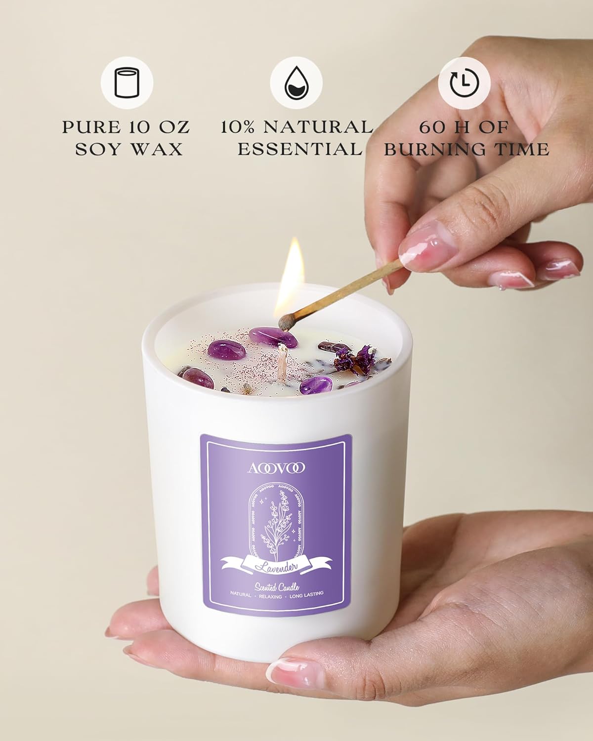 AOOVOO Lavender Scented Candles for Women - Aromatherapy Candle with Crystals Inside, 10oz Soy Candles for Home Scented, Birthday Gifts Mothers Day Candle for Women Mom