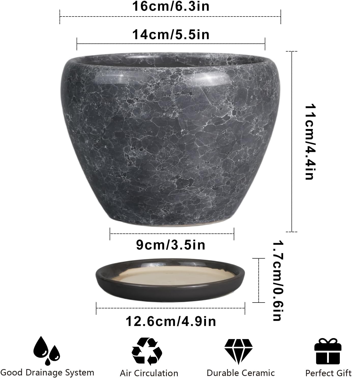 Ceramic Modern Glaze Succulent Planter Pot with Drainage Hole and Saucer 6 Inch Round Flower Plant Pot for Indoor Outdoor Herb Snake Plants