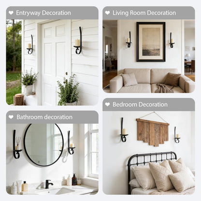 Set of 2 Black Wrought Iron Wall Mount Candle Sconces - Farmhouse Style Hanging Candle Holders for Living Room, Bathroom, Dining Room, and Window Decor (2, Black-B Style)