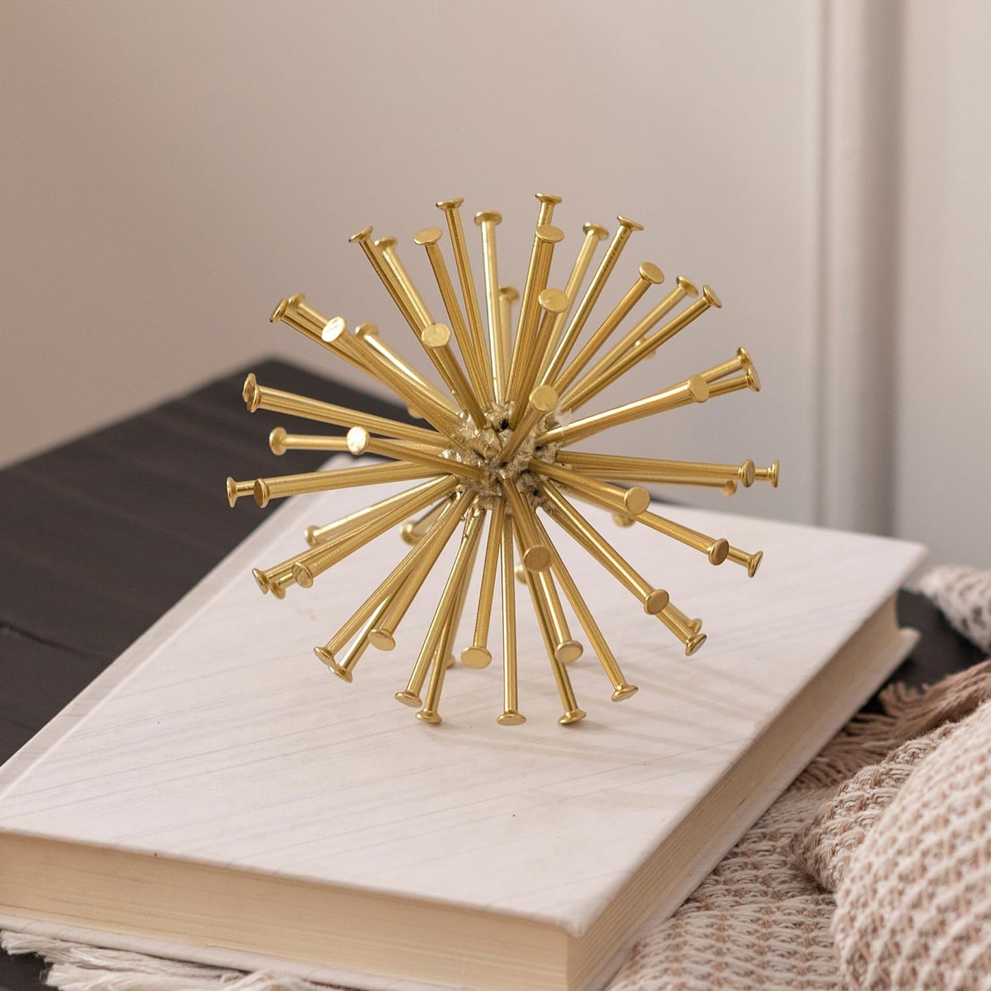 5.5" Gold Metal Geometric Sculpture, Modern Square Decorative Sphere, Small Tabletop Decoration Ball for Home Office Table Shelf Living Room Bedroom Desk Decor