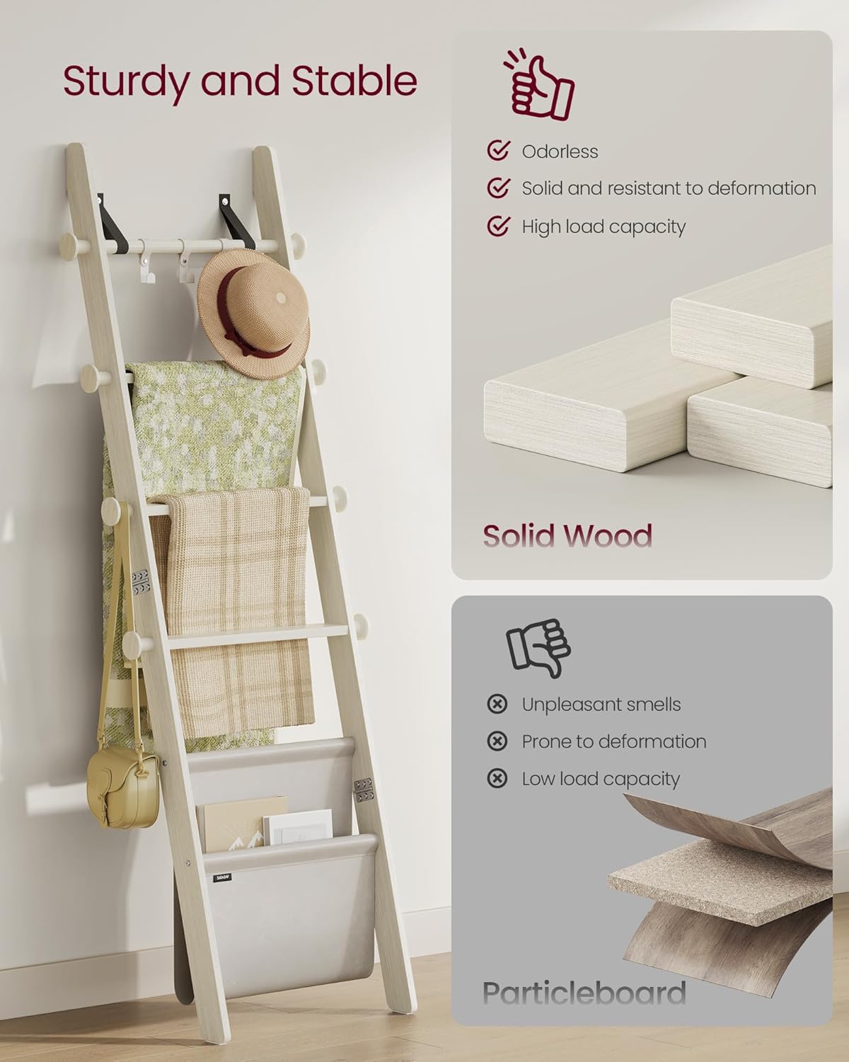 VASAGLE Blanket Ladder for Living Room, 5-Tier Wooden Ladder Shelf, Decorative Farmhouse Blanket Rack with Synthetic Leather Bag, Metal Hooks, Side Hooks, for Bedroom, Caramel Brown ULLS022K01