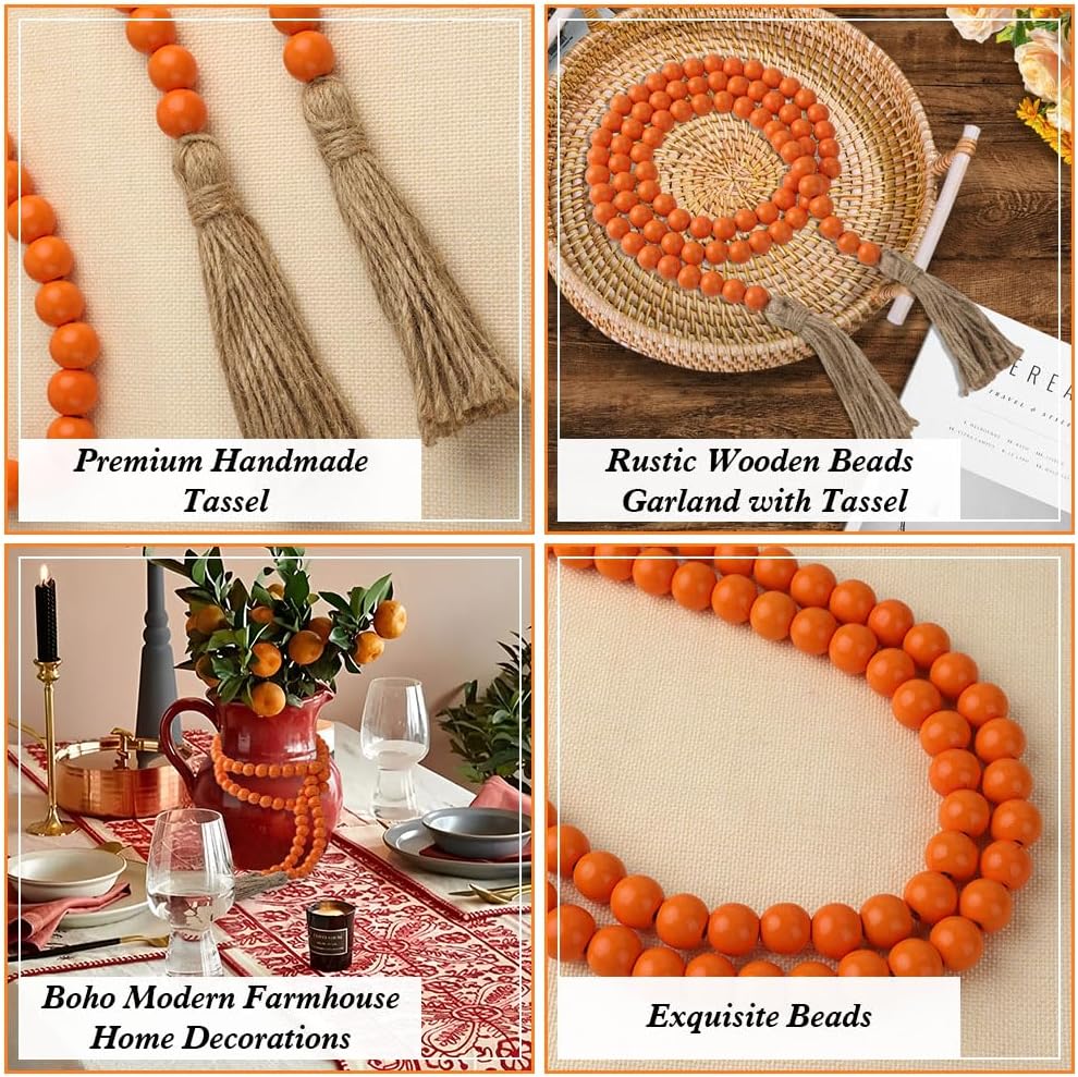 Wood Bead Garland 58 Inch Nature Wooden Beads for Boho Farmhouse Table Home Decor with Tassel, Wooden Prayer Bead, Rustic Country Boho Wall Hanging Decor for Kitchen Modern Living Room Tray Vase Shelf