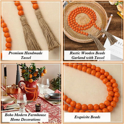 Wood Bead Garland 58 Inch Nature Wooden Beads for Boho Farmhouse Table Home Decor with Tassel, Wooden Prayer Bead, Rustic Country Boho Wall Hanging Decor for Kitchen Modern Living Room Tray Vase Shelf