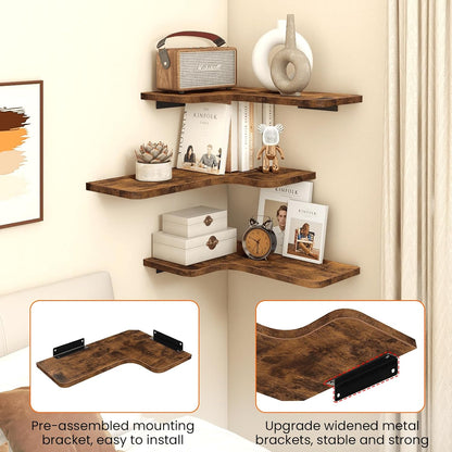 Homode Corner Floating Shelves, Set of 3 Corner Wall Shelves with Wire Hole, L-Shaped Wood Hanging Storage Shelf for Wall Decor, for Bathroom Kitchen Bedroom, White