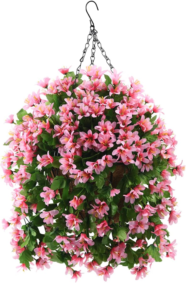 INQCMY Artificial Fake Hanging Plants Flowers Basket for Spring Summer Outdoor Outside Porch Decoration,UV Resistant Faux Silk Violet in Planter for Home Patio Balcony Garden Yard Decor(Red)