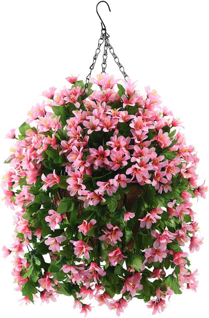 INQCMY Artificial Fake Hanging Plants Flowers Basket for Spring Summer Outdoor Outside Porch Decoration,UV Resistant Faux Silk Violet in Planter for Home Patio Balcony Garden Yard Decor(Red)