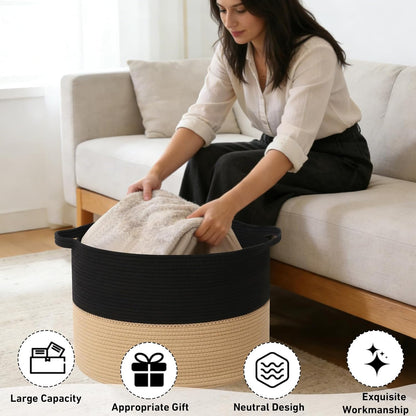 Large Woven Blanket Basket,65L Cotton Rope Laundry Basket Hamper with Handles, Decorative Nursery Basket Storage Bin for Toys, Clothes Organizer, Living Room, Bedroom, Bathroom, White & Brown