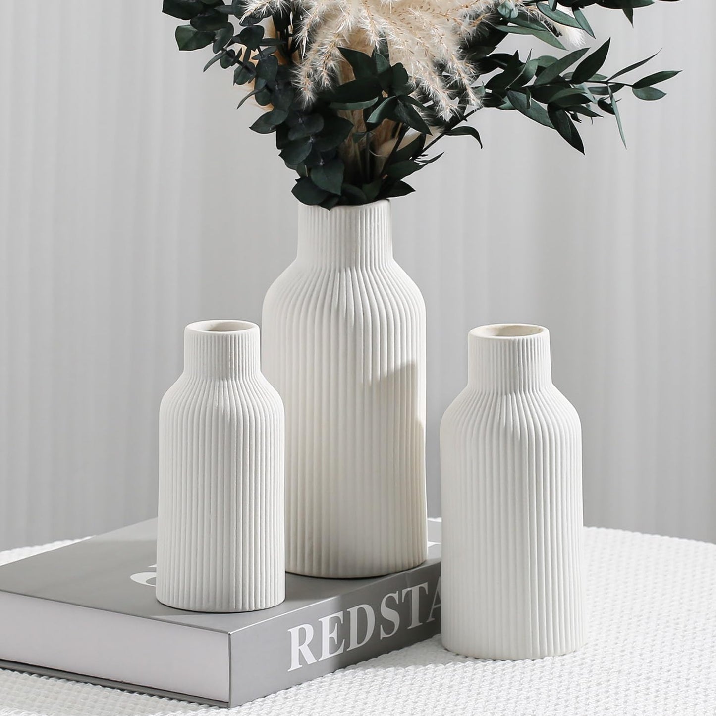 Bohemian White Ceramic Vase - for Pampas Grass, Mantel, Bookshelf, Entryway and Living Room Decor (White, 7in)