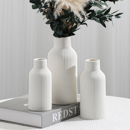 Bohemian White Ceramic Vase - for Pampas Grass, Mantel, Bookshelf, Entryway and Living Room Decor (White, 7in)
