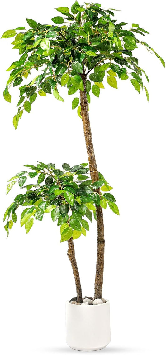5FT Artificial Ficus Tree with White Planter and Pebbles,Faux Silk Tree with Lifelike Leaves and Realistic Trunk,Tall Fake Potted Plant for Home and Office Décor Indoor and Outdoor (5FT)