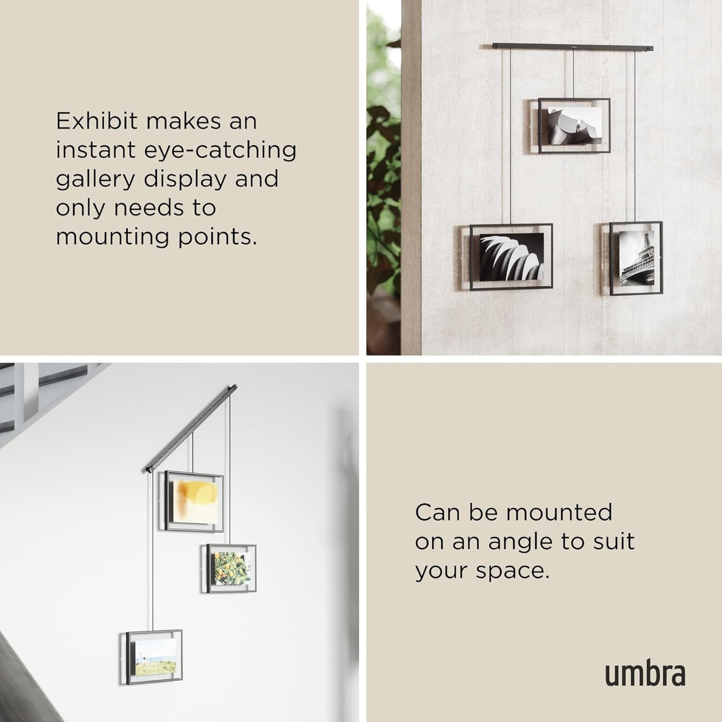 Umbra Exhibit Picture Frame Gallery Set, Adjustable Wall Collage Displays Nine Photos (Four 5x7" and Five 8x10"), Set of 9, Black