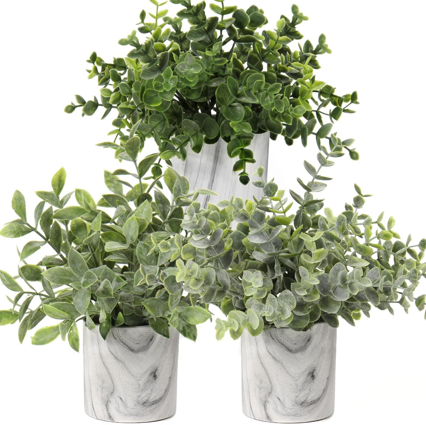 Hollyone Mini Artificial Potted Plants Fake Plants in Marble Pots, 1Pcs Plastic Eucalyptus Greenery Faux Plants for Home Office Desk Room Centerpiece Shelf Décor