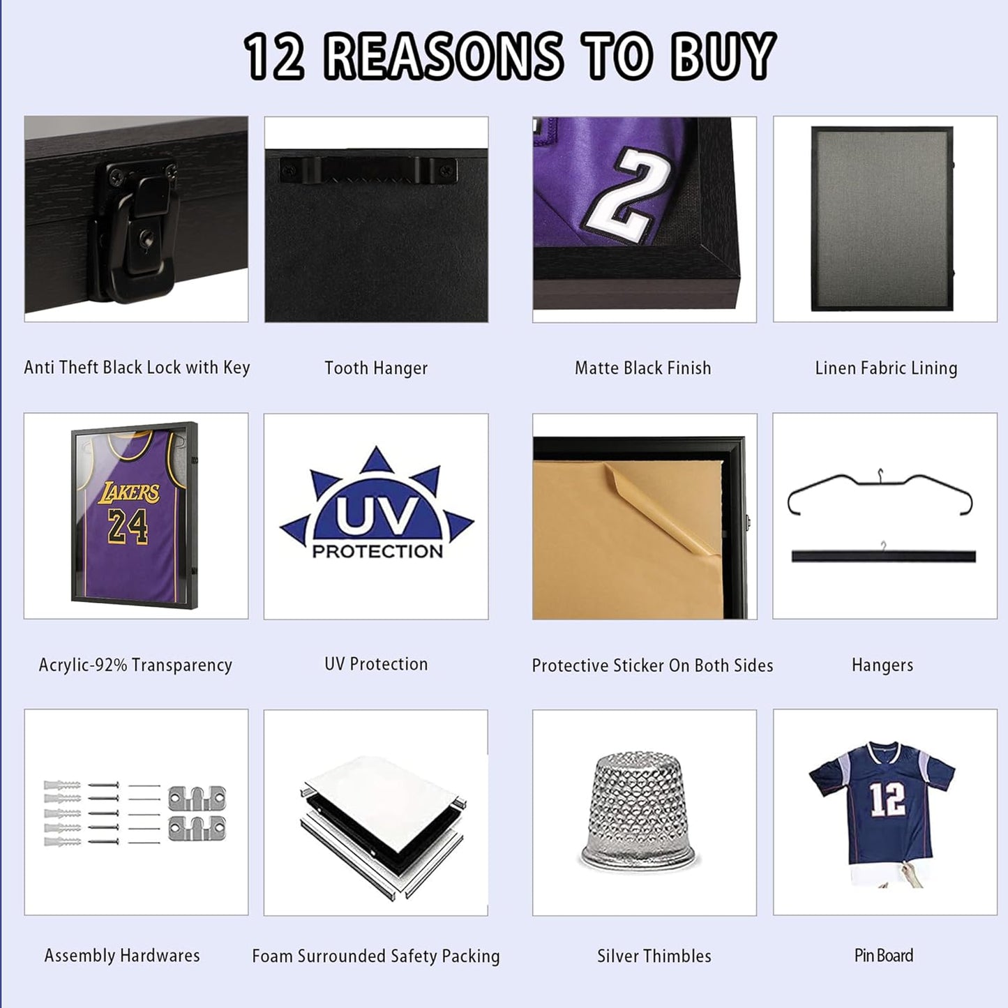 Large Lockable Jersey Frame Display Case Wall Mount, T-Shirt Shadow Box with Clear UV-Protective Acrylic, Hangers Linen Backing for Football, Basketball, Baseball