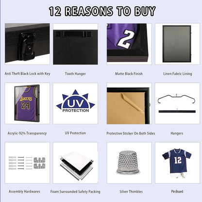 Large Lockable Jersey Frame Display Case Wall Mount, T-Shirt Shadow Box with Clear UV-Protective Acrylic, Hangers Linen Backing for Football, Basketball, Baseball