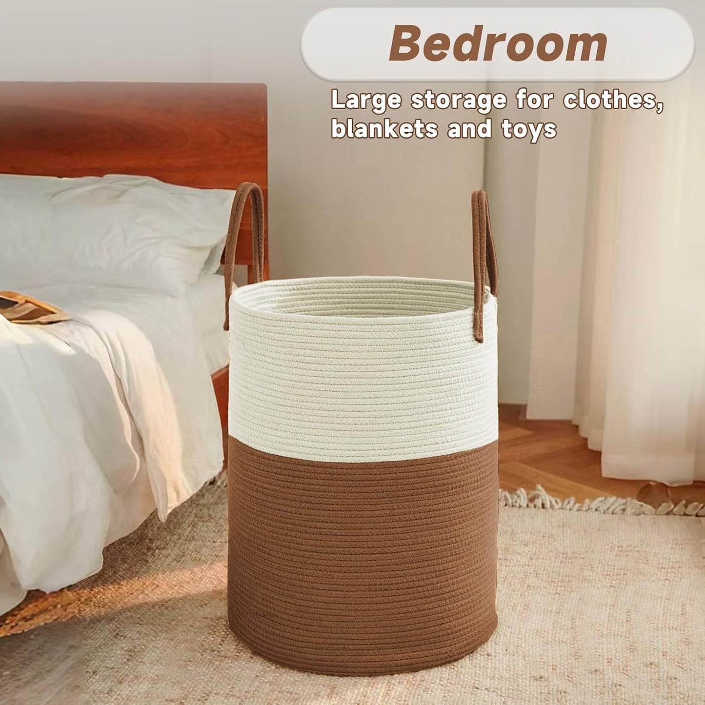JMvicyroam Large Woven Laundry Basket Hamper,60L Cotton Rope Storage Bin for Blankets,Toys and Clothes,Decorative Tall Nursery Hamper for Living Room,Baby Nursery,Bathroom and Bedroom,Brown
