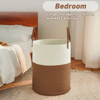 JMvicyroam Large Woven Laundry Basket Hamper,60L Cotton Rope Storage Bin for Blankets,Toys and Clothes,Decorative Tall Nursery Hamper for Living Room,Baby Nursery,Bathroom and Bedroom,Brown