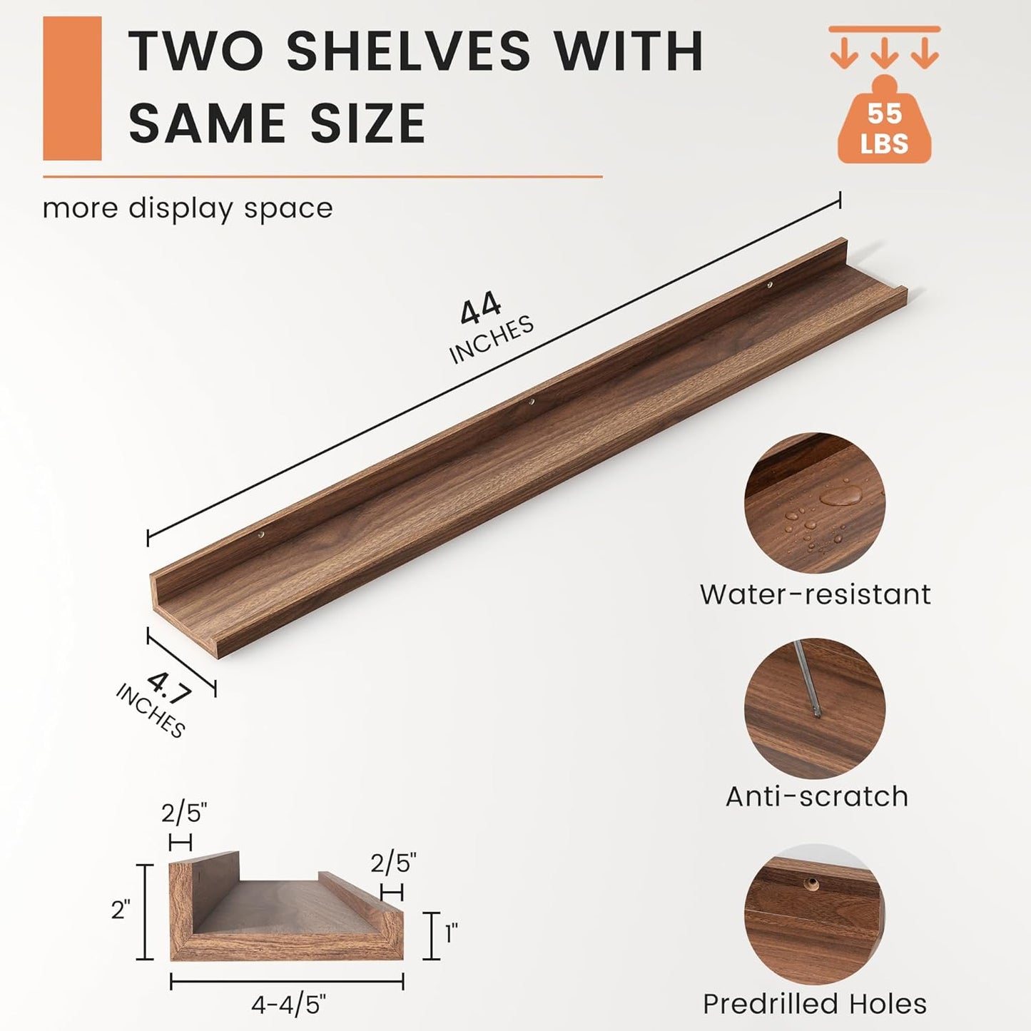 FLYJOE Picture Ledge Shelf, Floating Shelves Set of 2, 48 Inches Long Large Nursery Book Shelves for Toys Storage, Kids Bookshelf Wall Mounted for Living Room Bedroom Decor Books Photo Frames, Walnut
