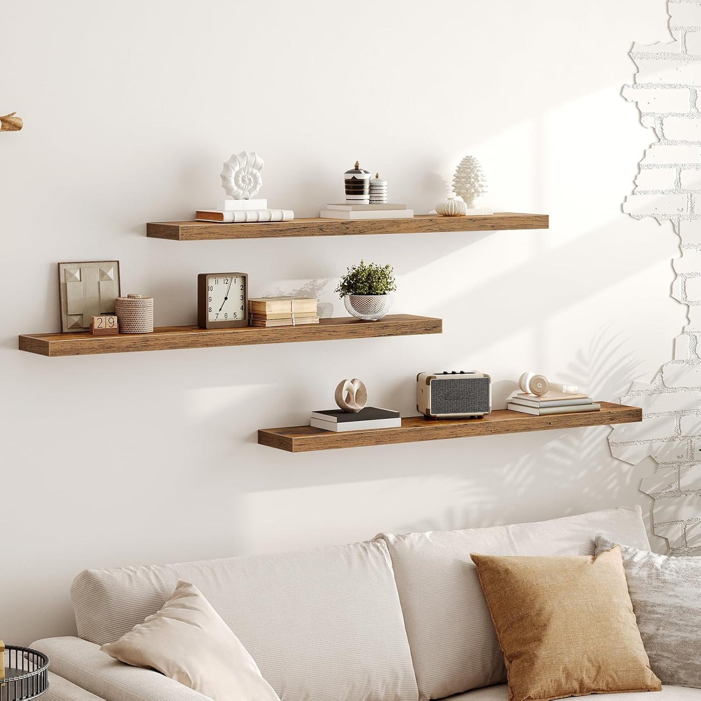 RALGEND Floating Shelves for Wall, 1.5" Thick Wall Shelf Set of 3 with Invisible Brackets, L31.5 x W7.9 Hanging Shelves Farmhouse Home Decor for Bathroom, Living Room, Bedroom, Rustic Brown 8301BJP3BF