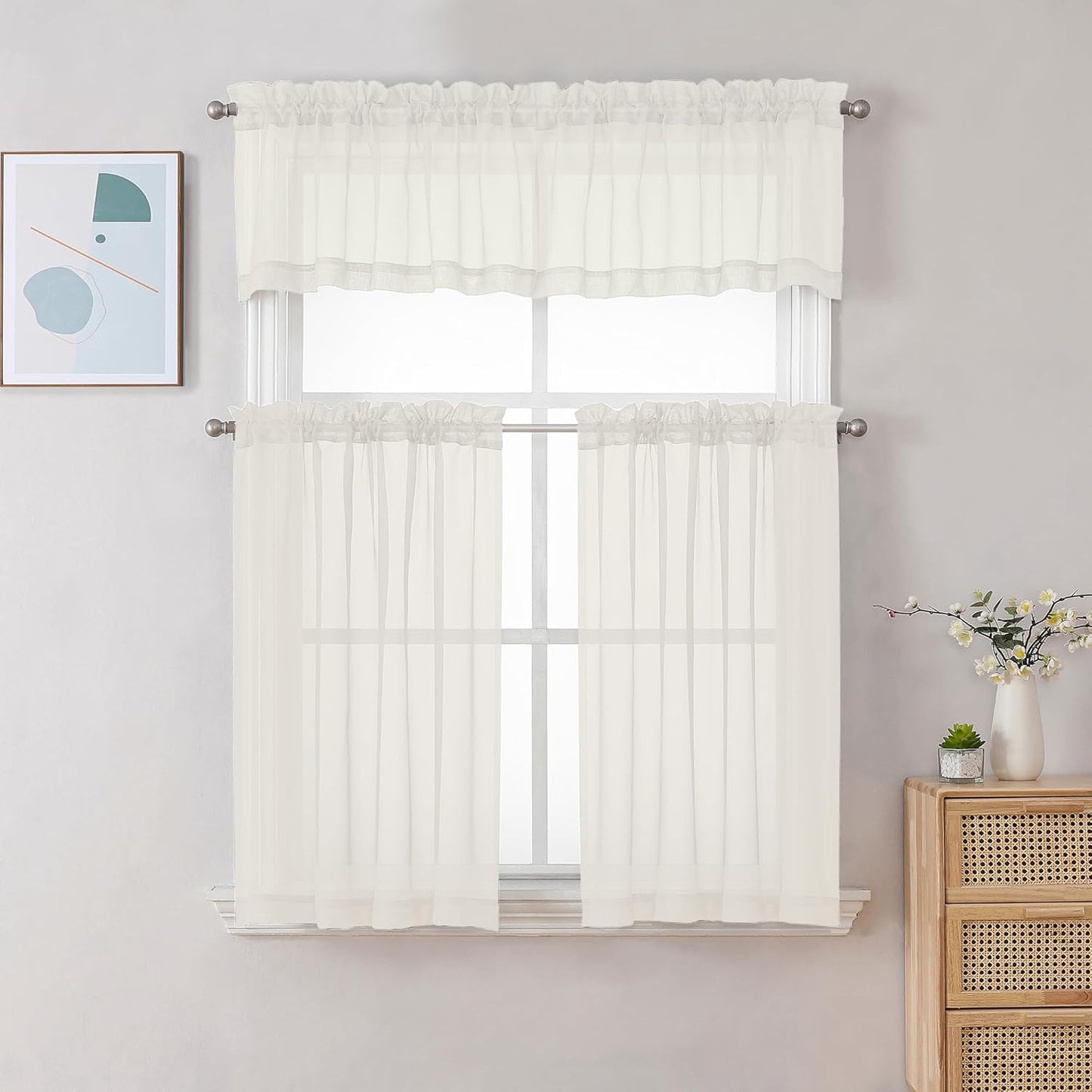 Chyhomenyc Sheer White Valances for Windows 2 Pack, Small Window Curtains for Living Room Bathroom Cafe Laundry Basement, Modern Top Dual Rod Pocket Voile Curtain, 42W x 14L inches, White - Colors C