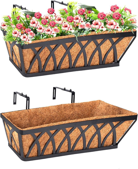 LCHUANG Deck Railing Planter Window Box - 3 Pack 24 Inch Deck Balcony Rail Planter with Coconut Coir Liner, Fence Metal Hanging Flower Planter Basket Deck Railing Planter Boxes for Outdoor Lawn