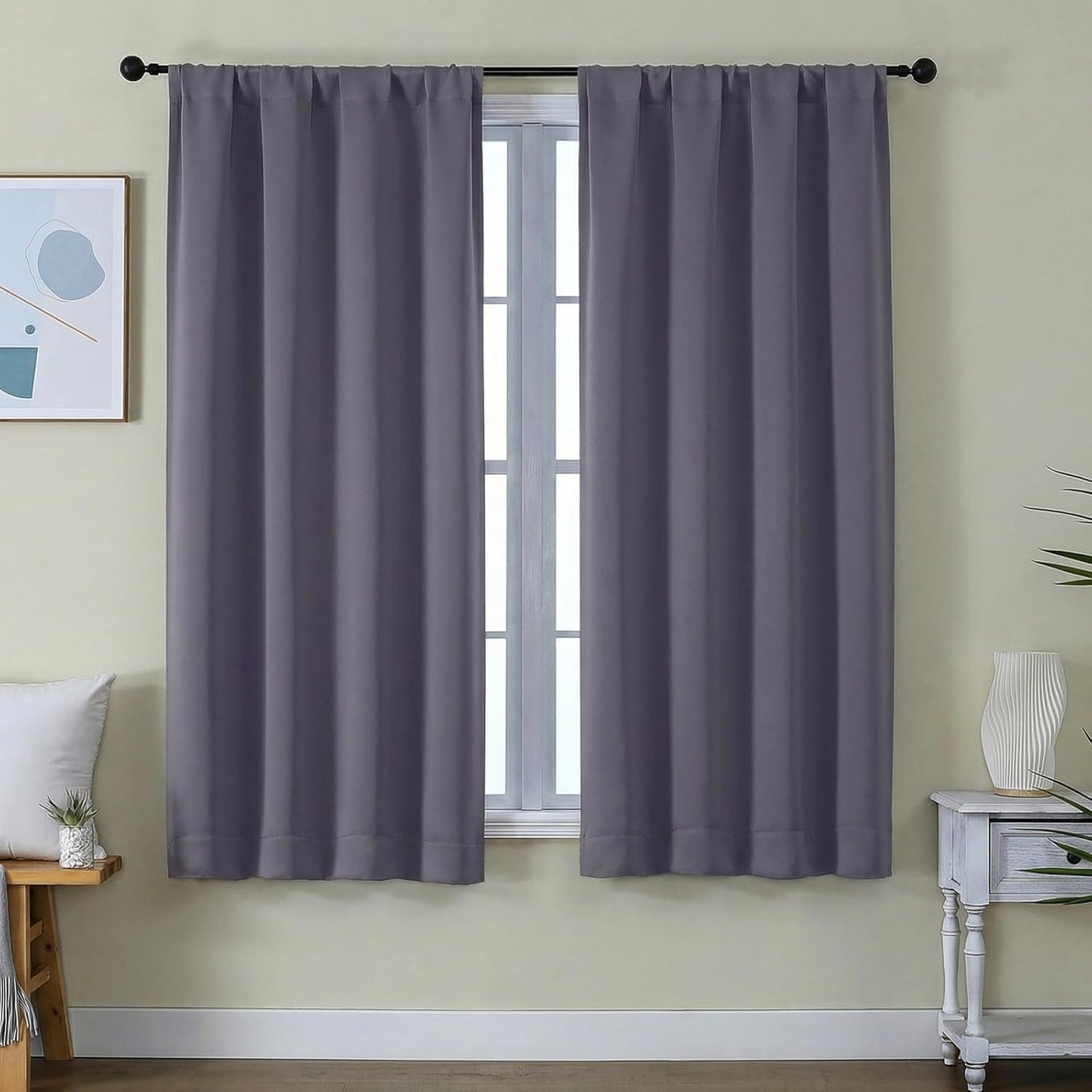 Simplebrand Ava Sage Green Blackout Curtains for Bedroom 63 Inch Length 2 Panels Set, Solid Thermal Insulated Energy Saving Rod Pocket Window Treatment Curtains Blackout Drapes, W40 x L63 Inch, Sage - Colors A