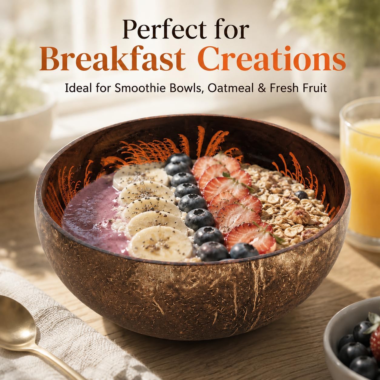 ChezMax Natural Coconut Bowl with Mother of Pearl Inlays - Key Bowl & Fruit Snack Holder (Blue-Gold)