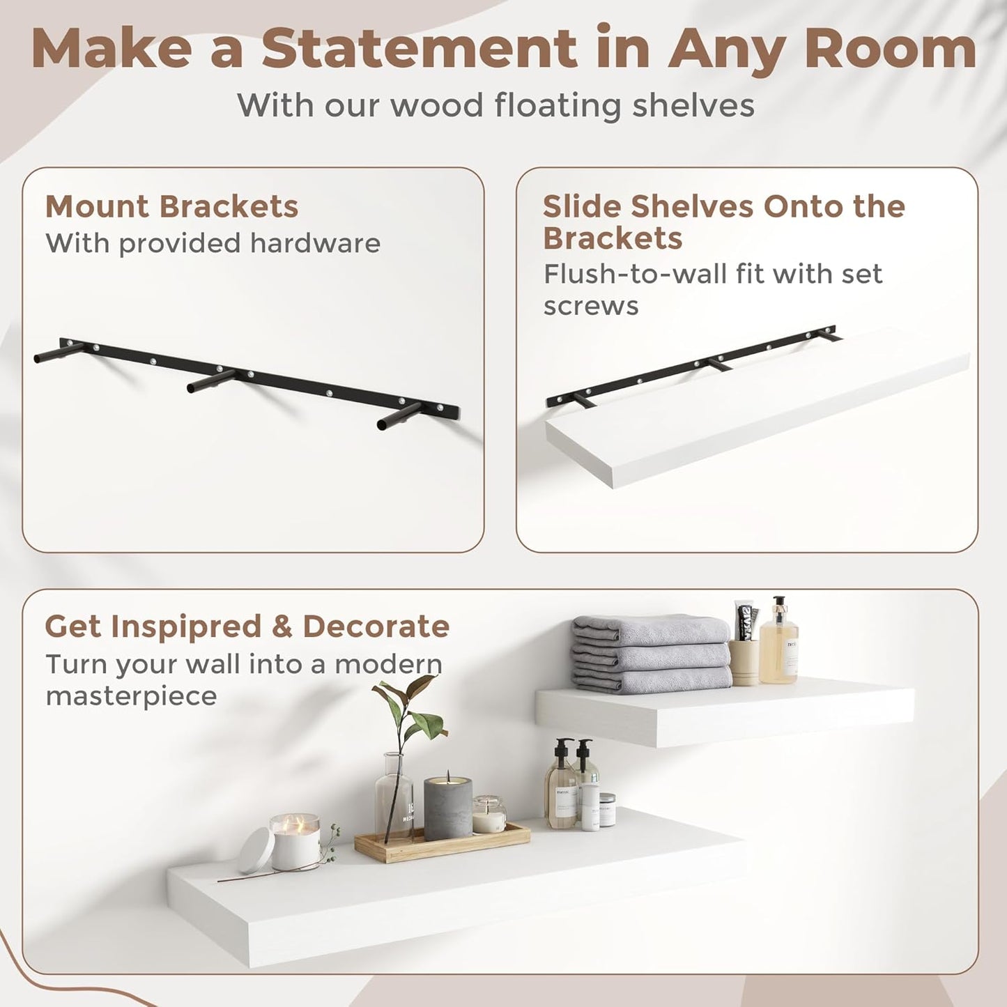 72 Inch Long Floating Shelves for Wall Set of 2, 12"D Wood Grain Bathroom Shelves with Invisible Brackets, Easy Install Engineered Wood Storage Shelves for Kitchen, Living Room, Bedroom, Black Finish