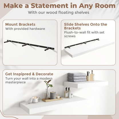 72 Inch Long Floating Shelves for Wall Set of 2, 12"D Wood Grain Bathroom Shelves with Invisible Brackets, Easy Install Engineered Wood Storage Shelves for Kitchen, Living Room, Bedroom, Black Finish
