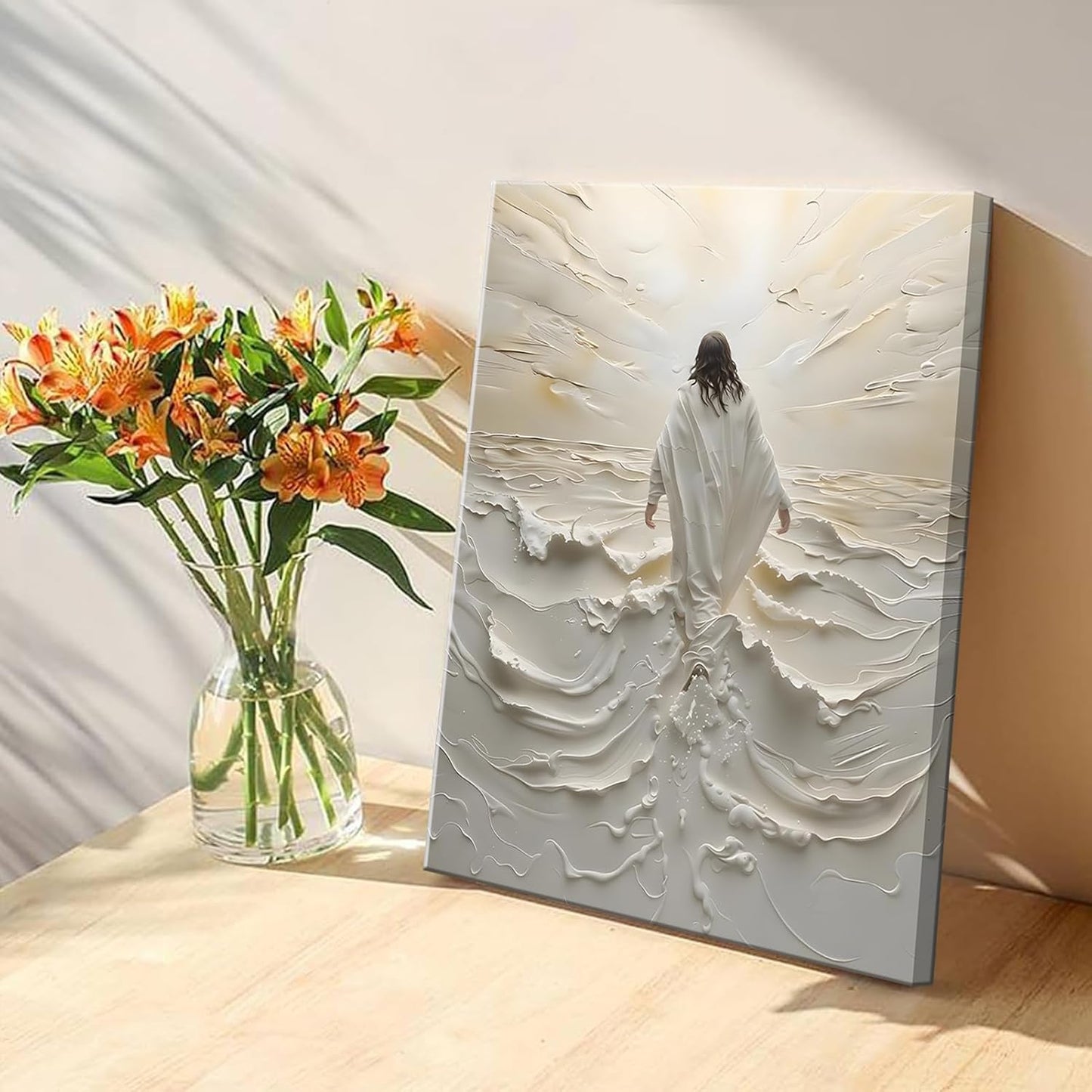 Abstract Jesus Walking on Water Canvas Wall Art Christian Spiritual Wall Decor Pictures Divine Light Modern Religious Posters Prints for Living Room Bedroom Church Decoration 12x16in