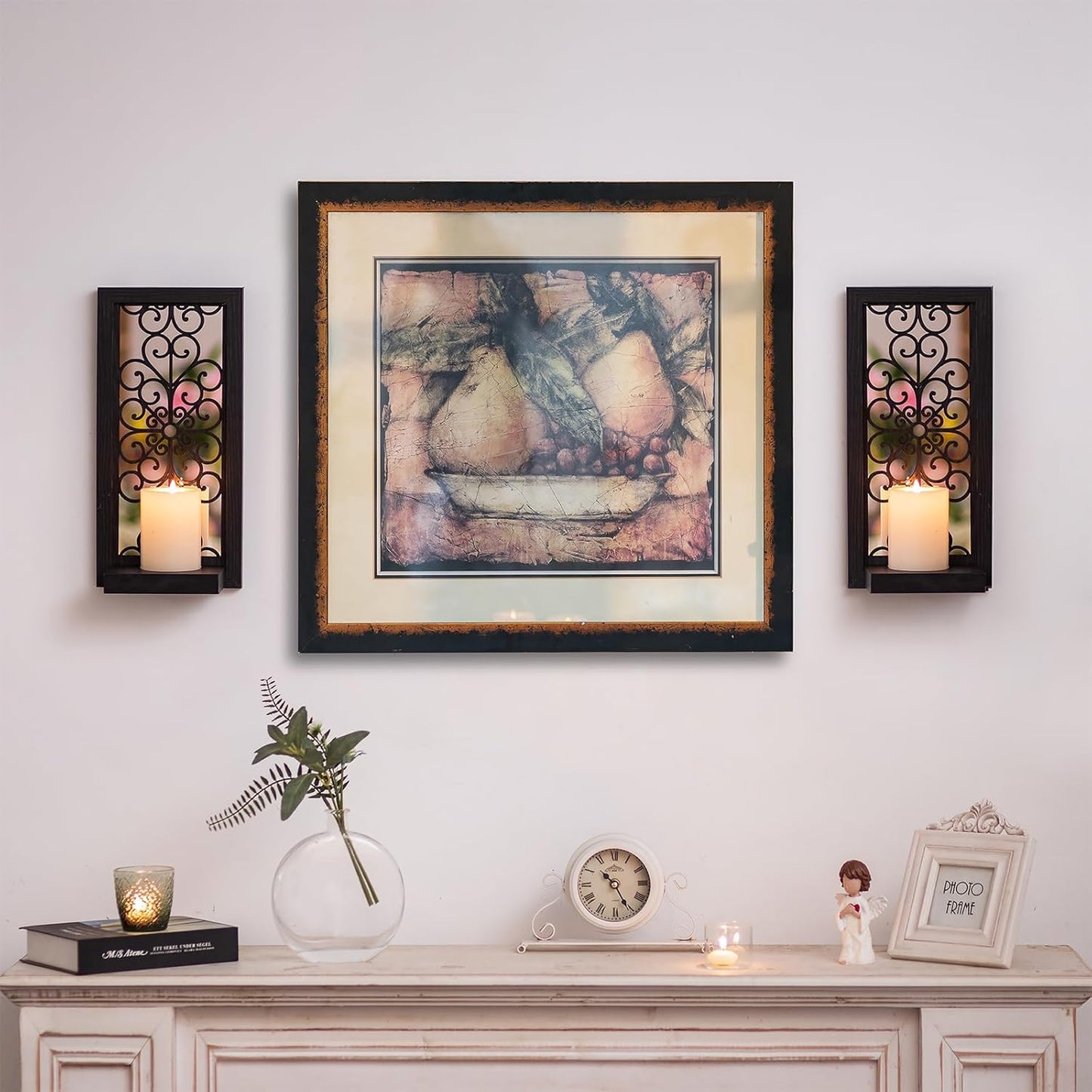 Farmhouse Wall Candle Holder Decor: Rustic Candle Sconces Set of Two for Pillar Candles - Brown Wooden Shelving for Fireplace Bathroom Hallway