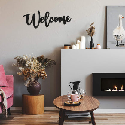 Jetec Wood Cutout Welcome Sign Welcome Wall Decor Word Wood Art Sign for Front Door Rustic Home Gallery Wall Decorations 15.7 x 6 Inches(Black)
