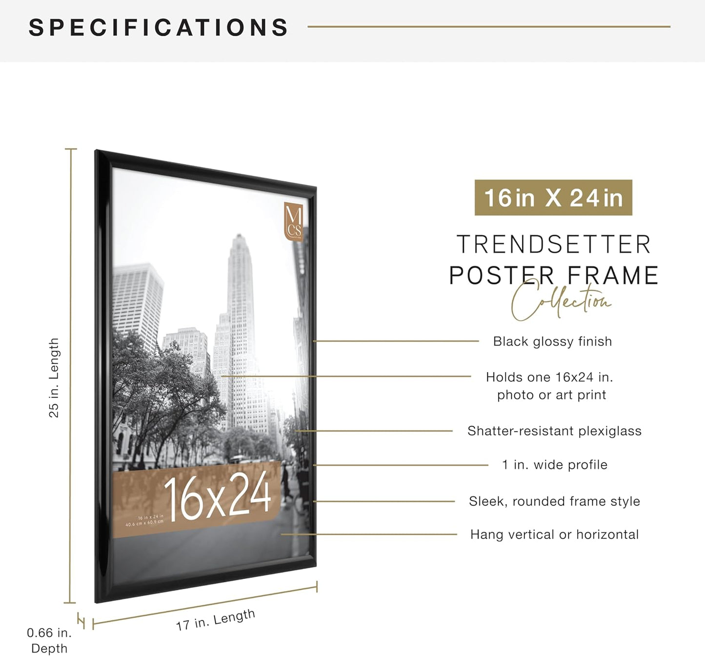 MCS Trendsetter 24x36 Poster Frame Black High-Gloss, Vertical & Horizontal Wall Hanging Large Picture Frame for Photos, Posters & Art Prints (1-Pack)