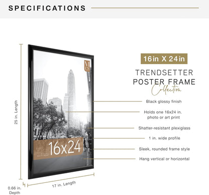 MCS Trendsetter 24x36 Poster Frame Black High-Gloss, Vertical & Horizontal Wall Hanging Large Picture Frame for Photos, Posters & Art Prints (1-Pack)