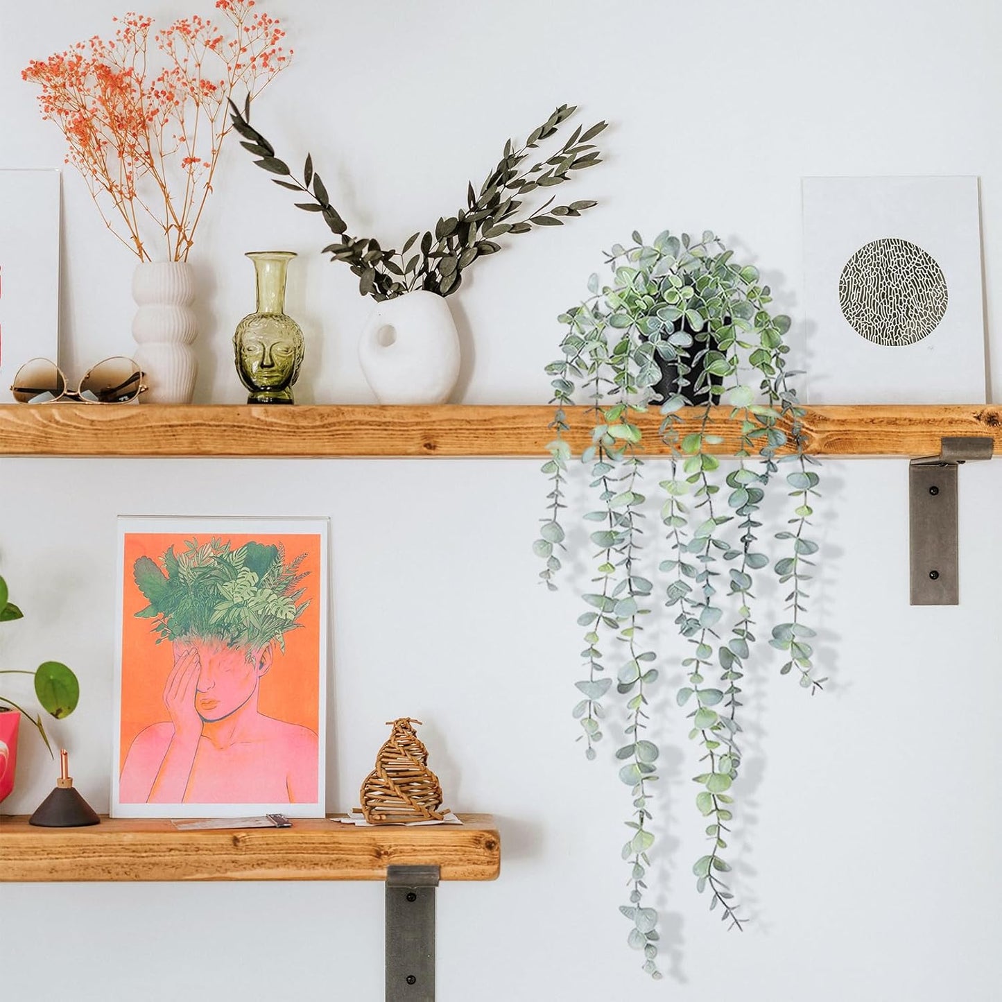 Clearain 1pcs Fake Hanging Plants, Artificial Small Potted Plants, Mini Faux Succulent Plant for Indoor Outdoor Aesthetic Office Living Room Shelf Home Decor (Eucalyptus leaves-1pcs)