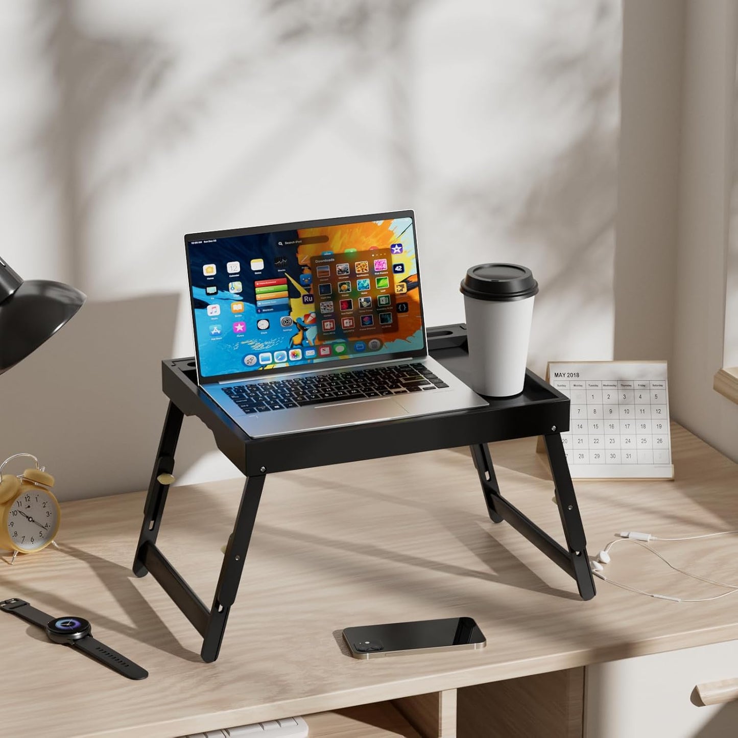 Bed Tray Table with Handles Folding Legs,Bamboo Breakfast Food Tray with Media Slot,Use As Platter,Laptop Desk,Snack,TV Tray Kitchen Serving Tray Black Large