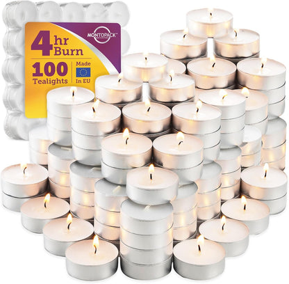 MontoPack Unscented Tea Light Candles 45 Pack | 4 Hours, White, Smokeless, Dripless Small Votive Paraffin Tealights | Long-Lasting for Home, Shabbat, Weddings, Events, Emergencies | Mini Candles Bulk
