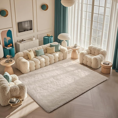 Ophanie Round Rugs 5Ft Ivory Circle Area Rug, Nursery Room Decor, Christmas Aesthetic Bedroom Home Circular Carpet 5 Foot, Fluffy Fuzzy Shag Plush Cream Living Room Rugs for Kids Boys Girls Teen Baby