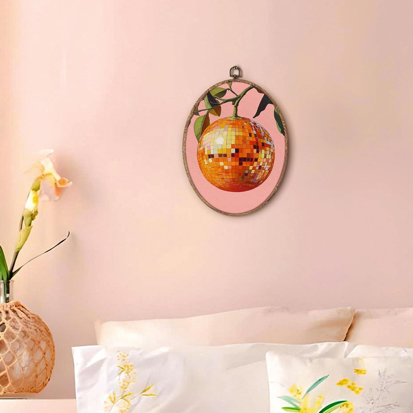 Trendy Funky Orange Disco Ball Oval Wall Art Framed, Funky Retro Oval Wall Decor, Trendy Aesthetic Hanging Canvas Prints Wall Sculptures for Home Living Room Bedroom Decor, 8.5x11.5 Inch